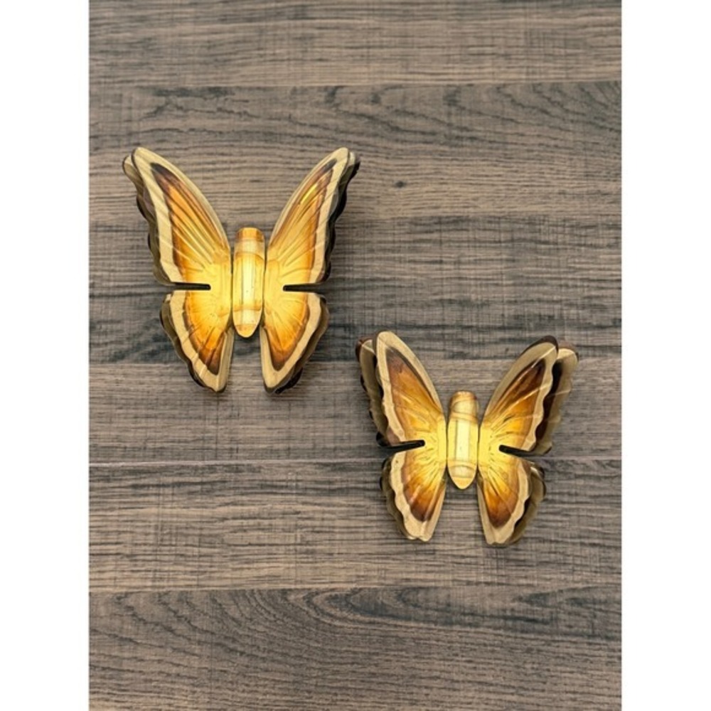 Vintage 3D Metal Butterfly Wall Art Set Gold Amber Mid Century Hollywood Regency